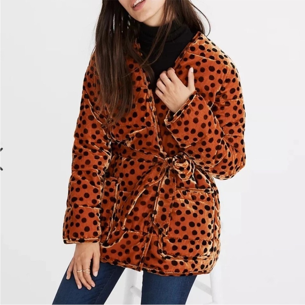 Madewell Polka Dot Velvet Teddy Jacket in Burnt Orange and Black. Size XXS